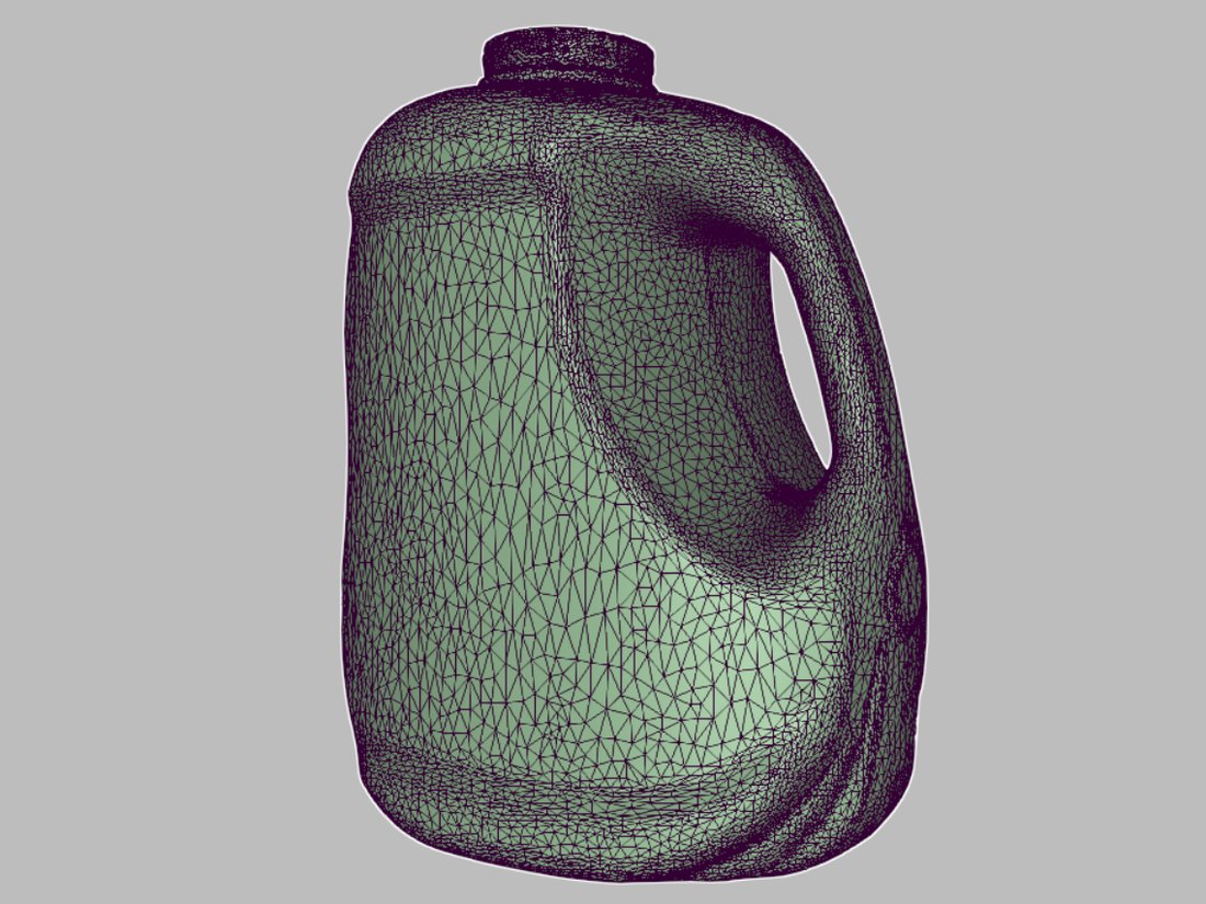 A blow-moulded container captured as a dense triangle mesh