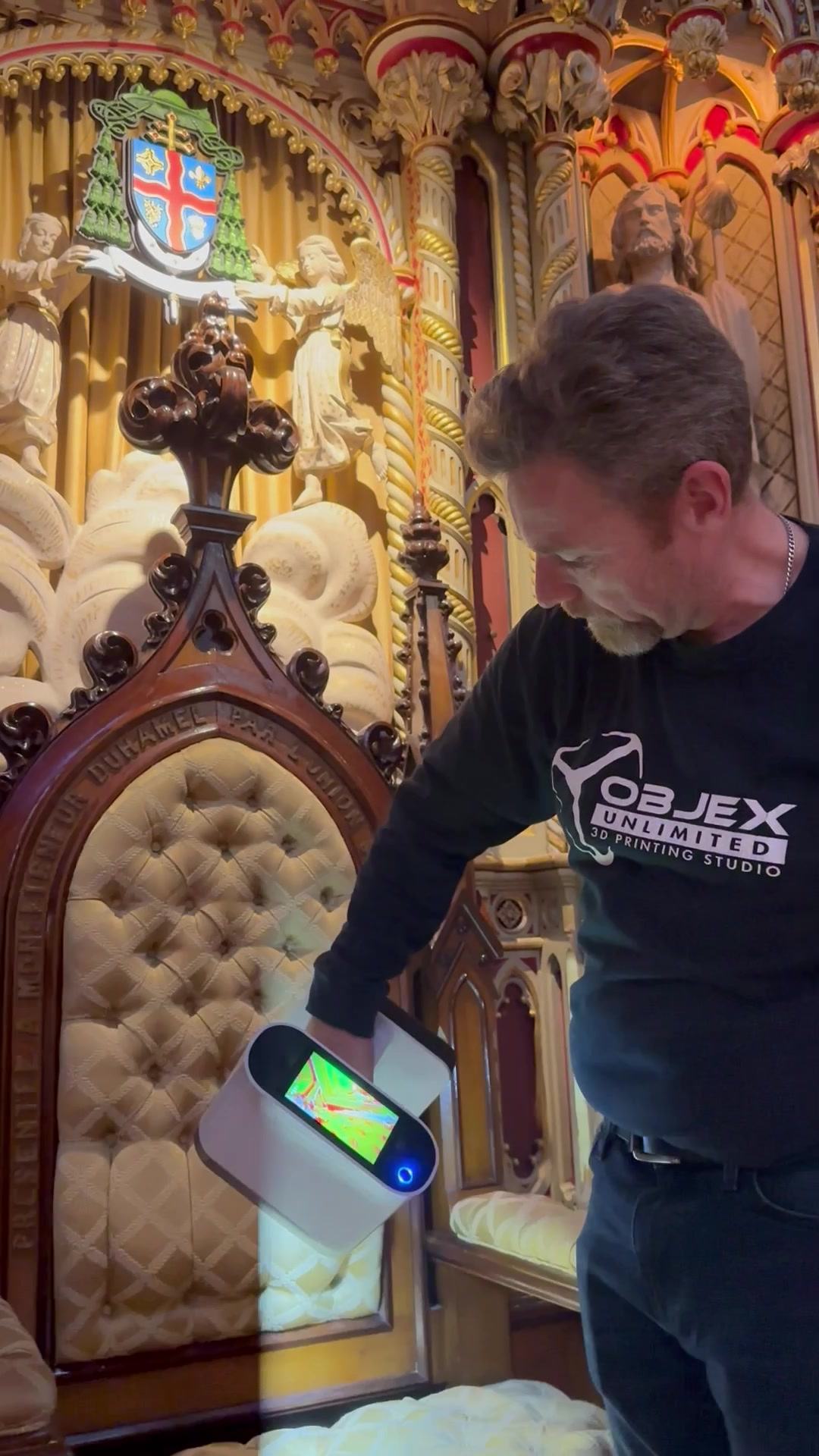 Scanning a carved throne at Notre-Dame Cathedral Basilica, Ottawa