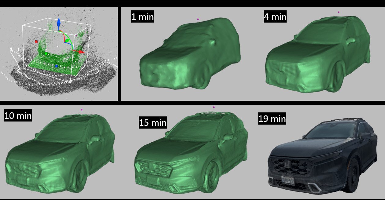 A vehicle reconstructed by photogrammetry in Artec Studio, shown at five stages of processing